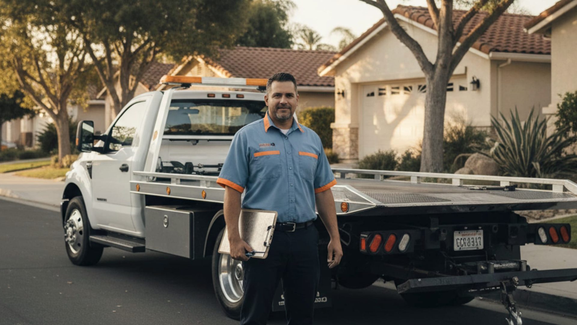 Tow operator checking paperwork next to a rollback truck on a quiet neighborhood street