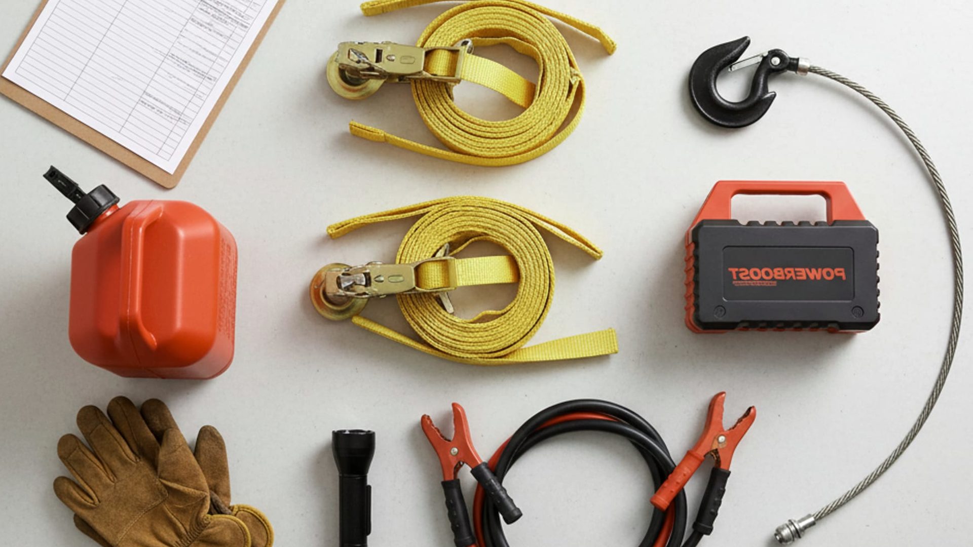 Flat-lay of tow gear on a workshop floor: wheel straps, a jump pack, a winch hook, jumper cables and a clipboard