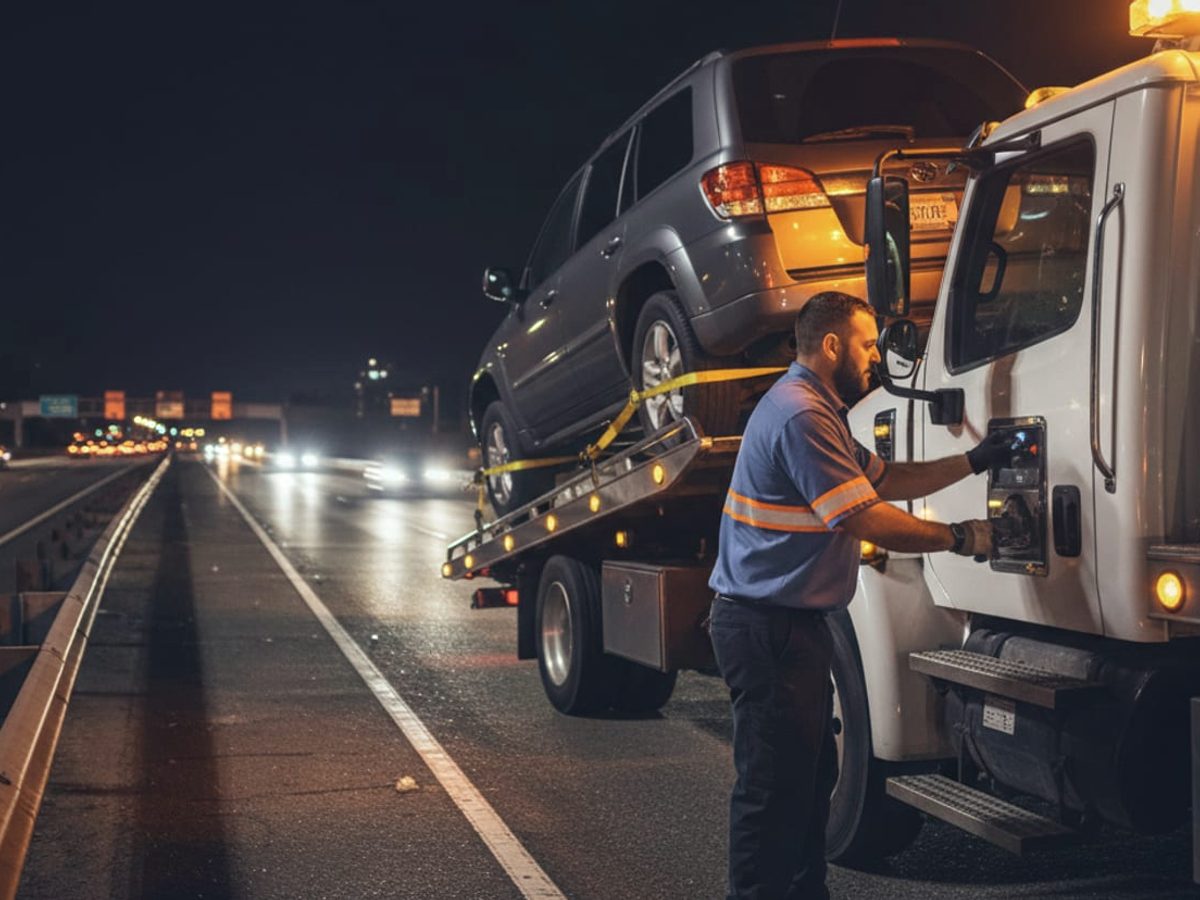 Independent tow operator securing a stalled SUV on a flatbed beside an Atlanta interstate at night