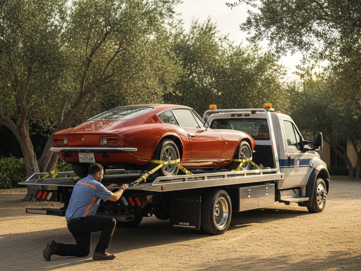 Low-angle flatbed carrying a restored classic coupe beside a Buckhead showroom