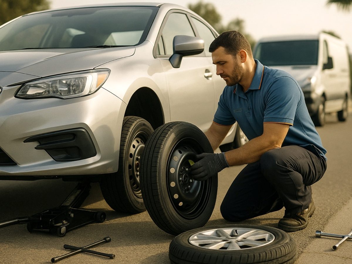 Roadside operator tightening lug nuts on a spare wheel of an SUV parked at an Atlanta curb