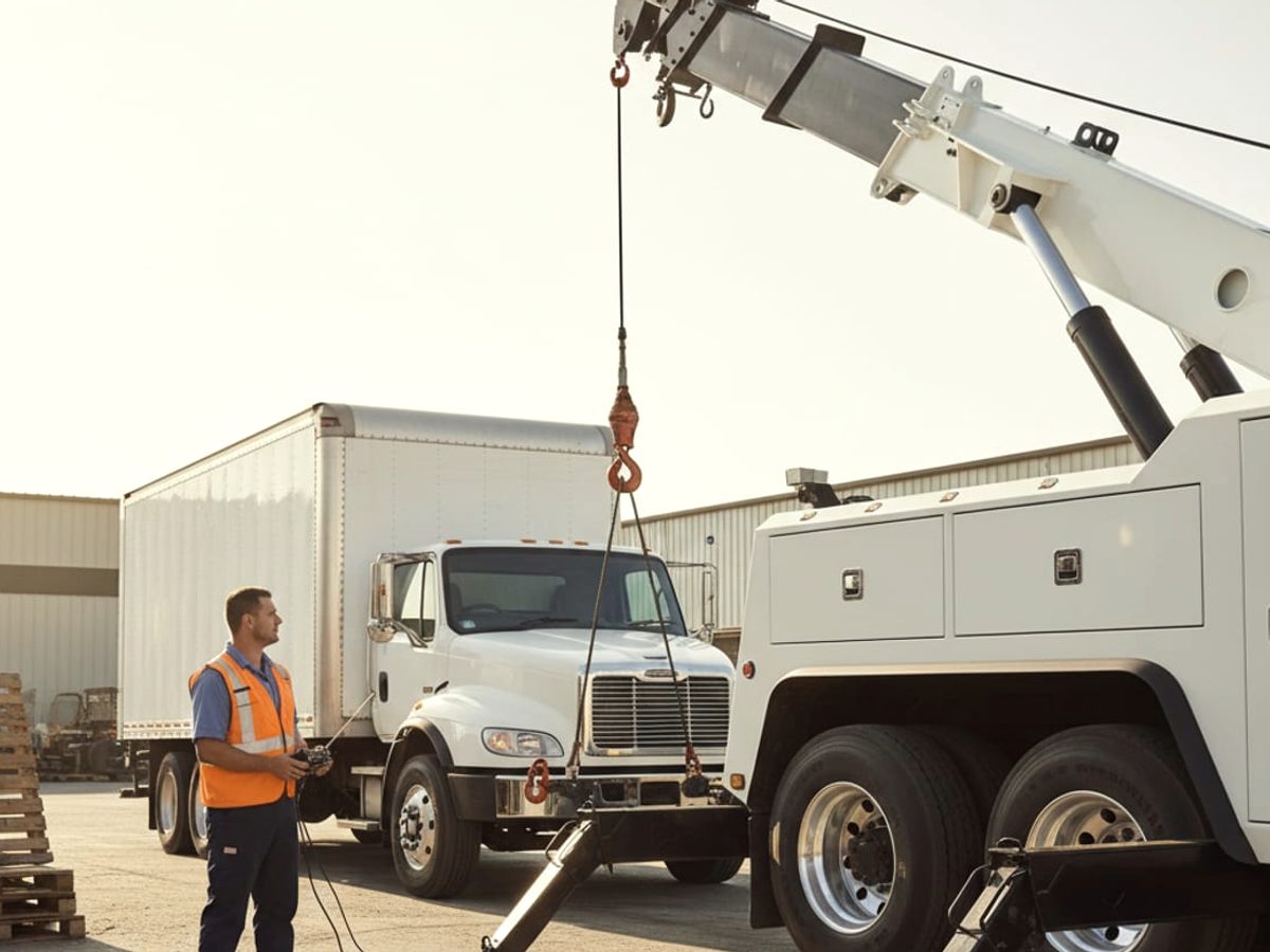 Heavy wrecker lifting the front axle of a box truck on an industrial road west of downtown Atlanta