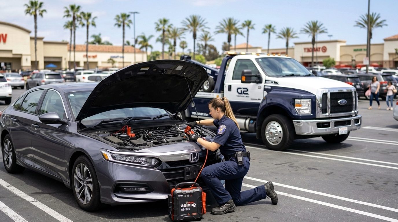 Roadside operator clamping jumper leads to a battery under the hood of a sedan in a parking deck