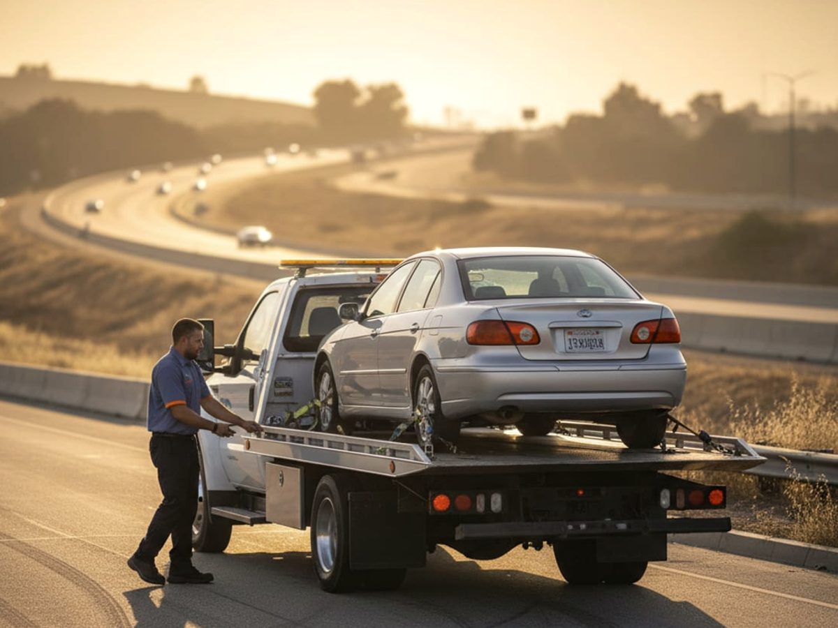 Flatbed carrying a sedan along I-20 outside Atlanta on a long-distance haul
