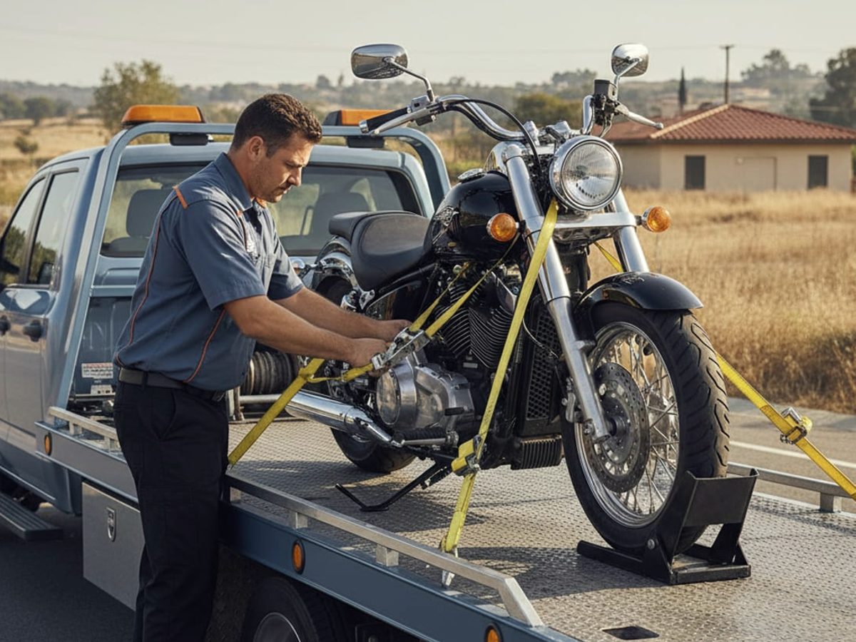 Touring motorcycle strapped to a wheel chock on a flatbed outside an Atlanta repair shop