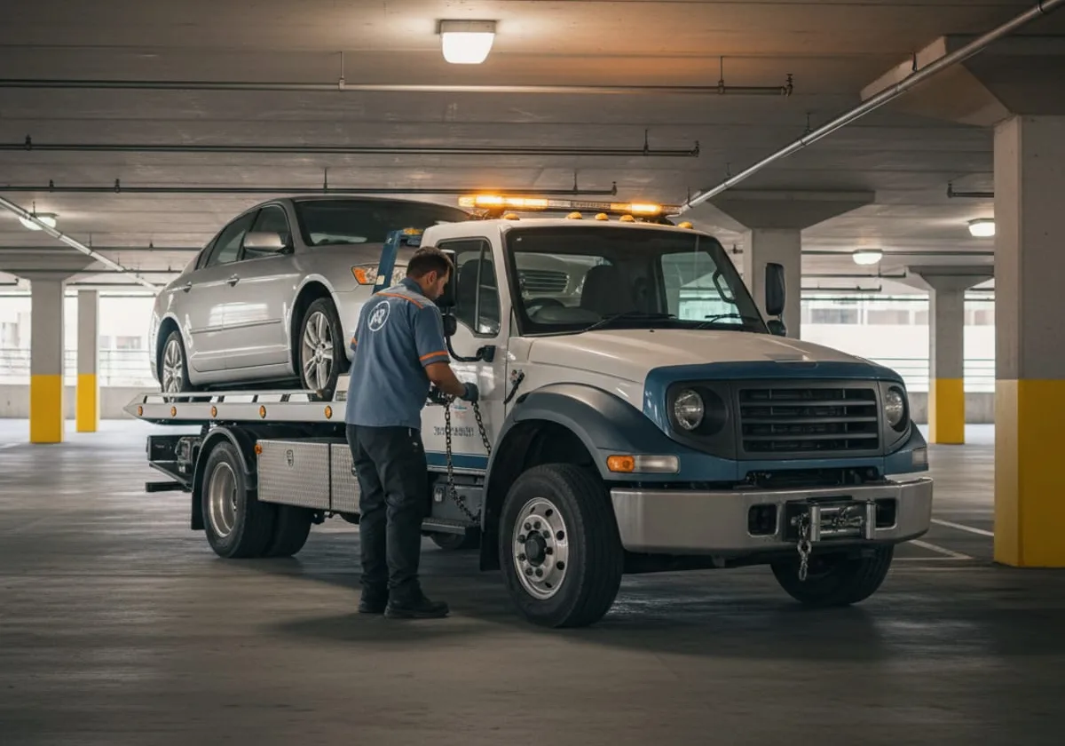 Operator beside a tow truck in a parking garage.