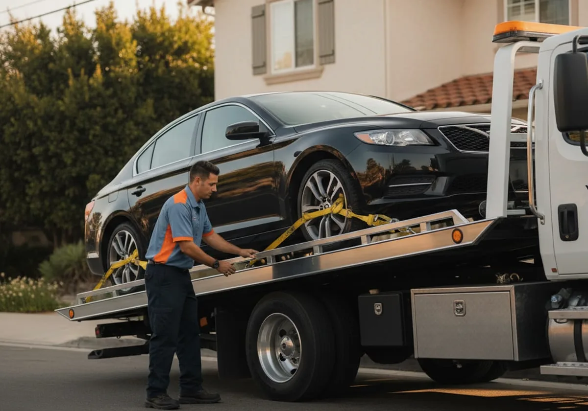 Operator securing a black car on a flatbed.